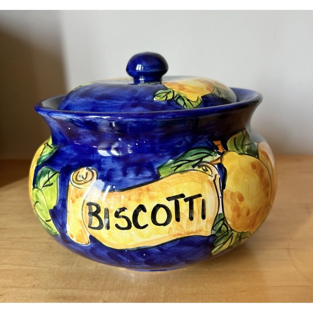 Vintage Ceramic Italian Hand-painted Biscotti Jar Blue & Yellow Lemons Cookie
